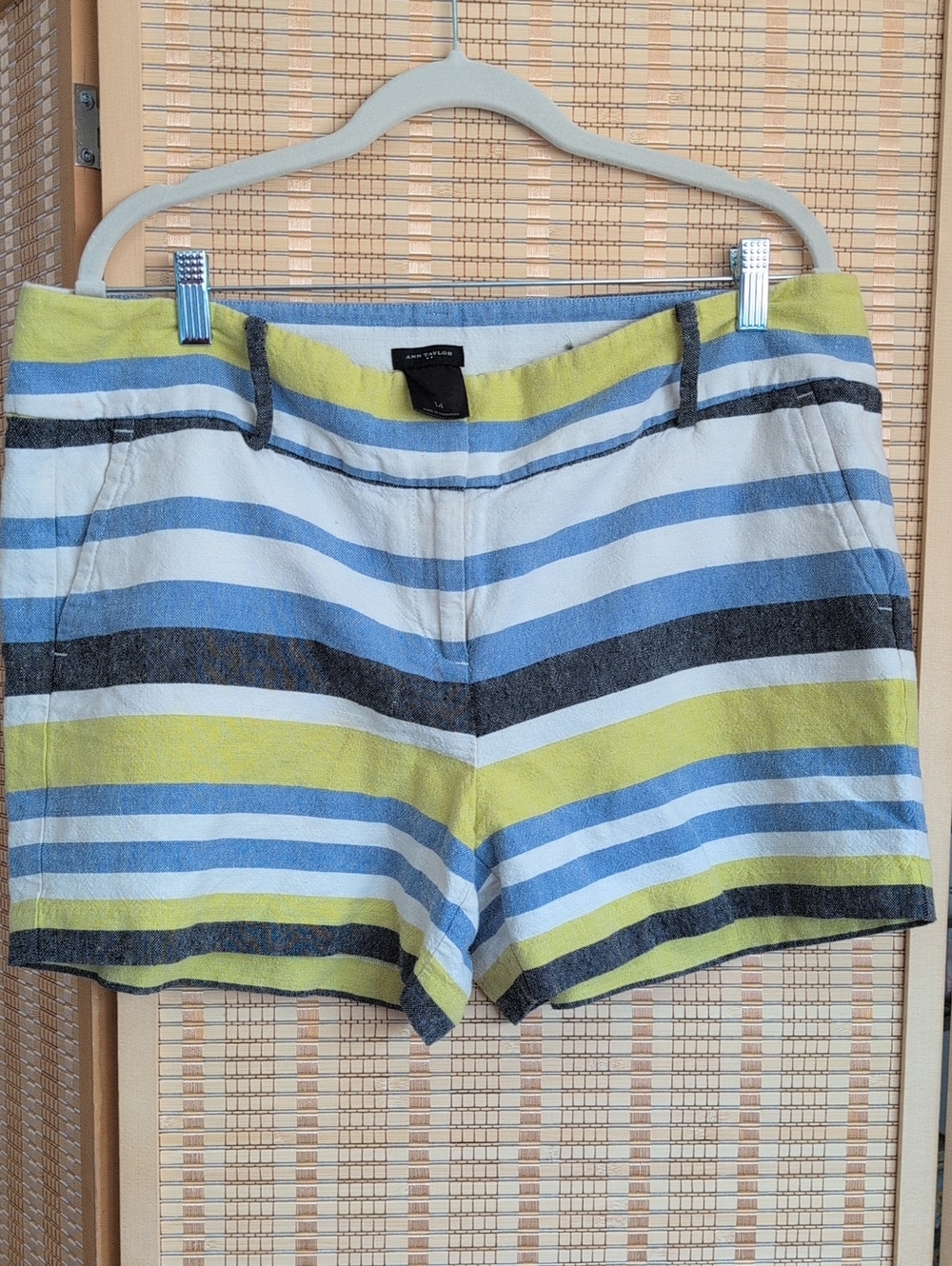 Ann Taylor Striped Linen/Cotton Blend Shorts in Blue, Lime,   Gray & White